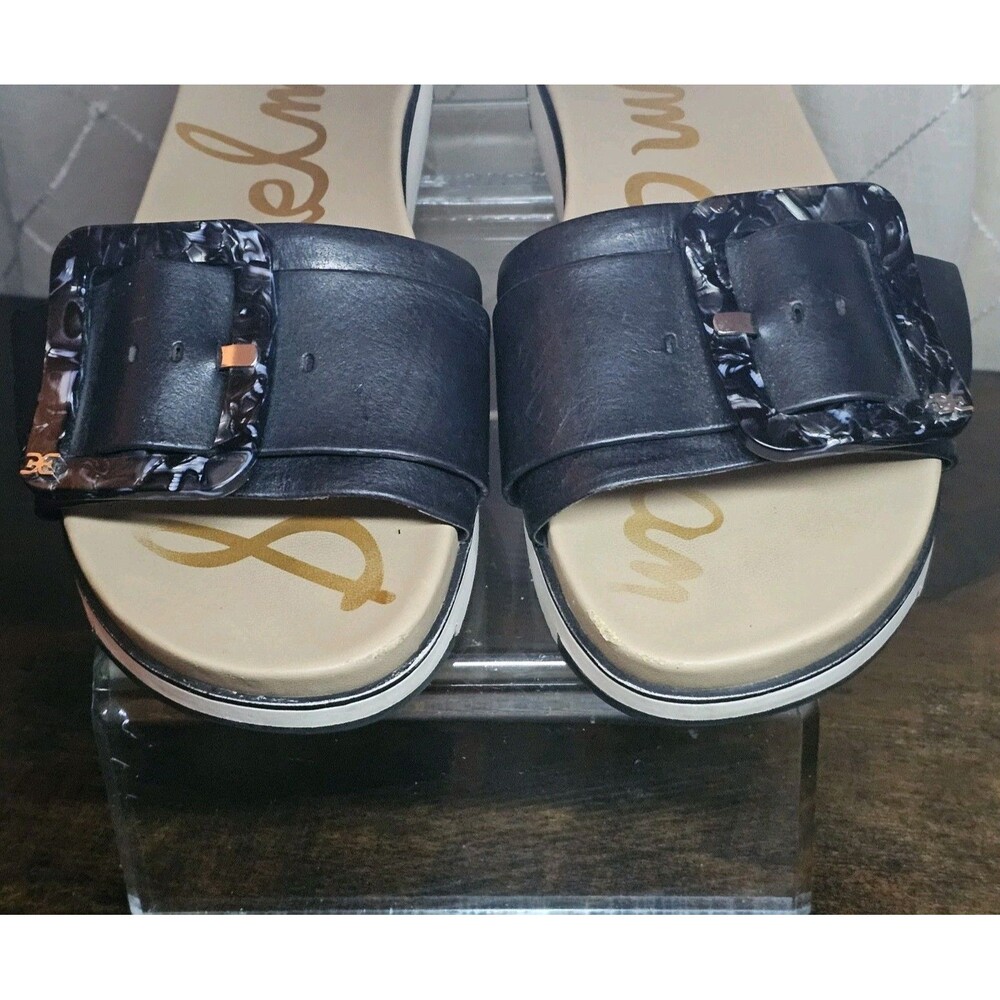🔥 Sam Edelman Ariane Womens Sz 9 1/2 Black Leather Buckle Slide Sandals Shoes - Picture 5 of 11